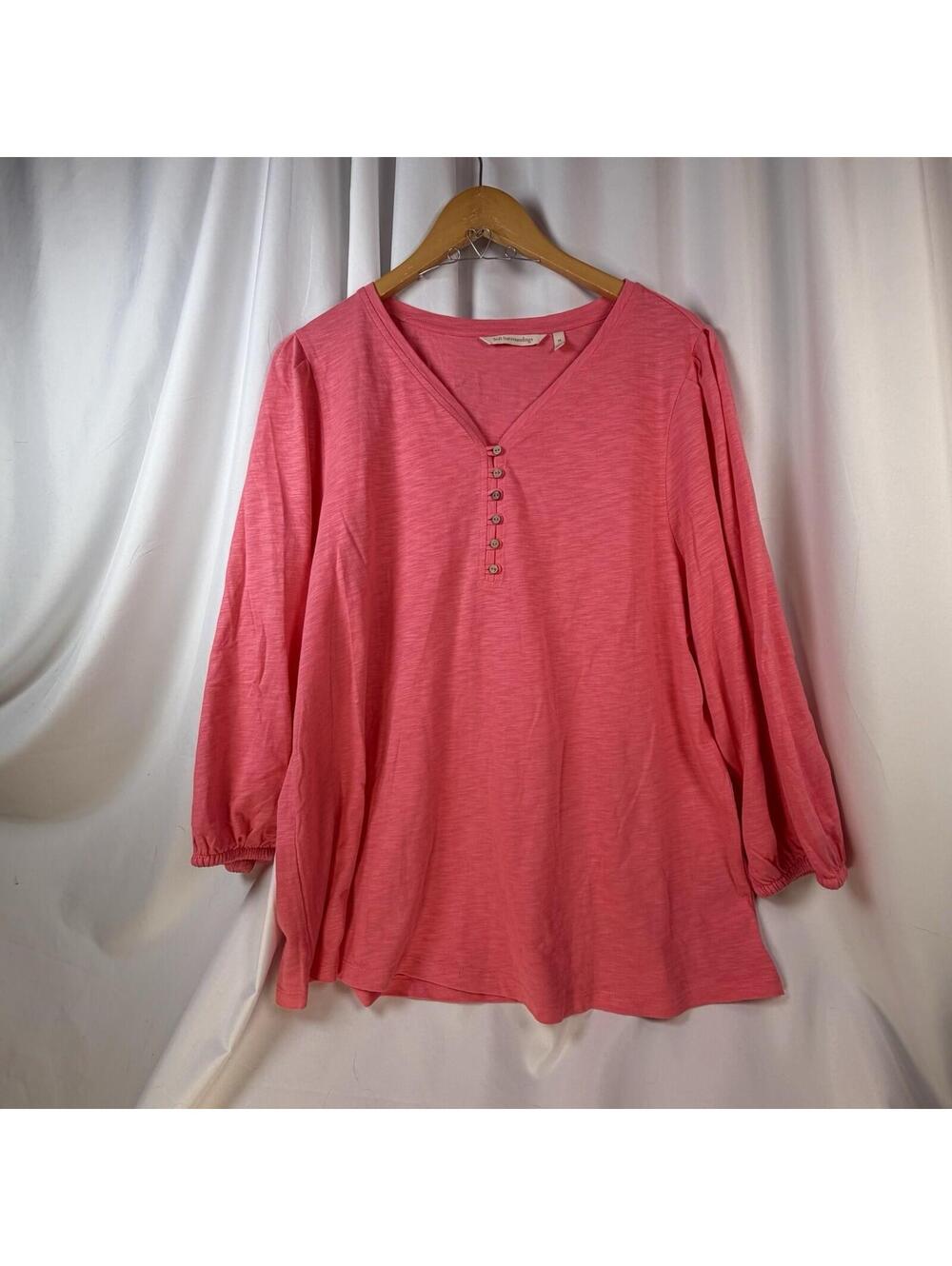 Soft Surroundings Women's V-Neck Pink Henley 3/4 Sleeve w/Elastic Cuff 1X NWOT